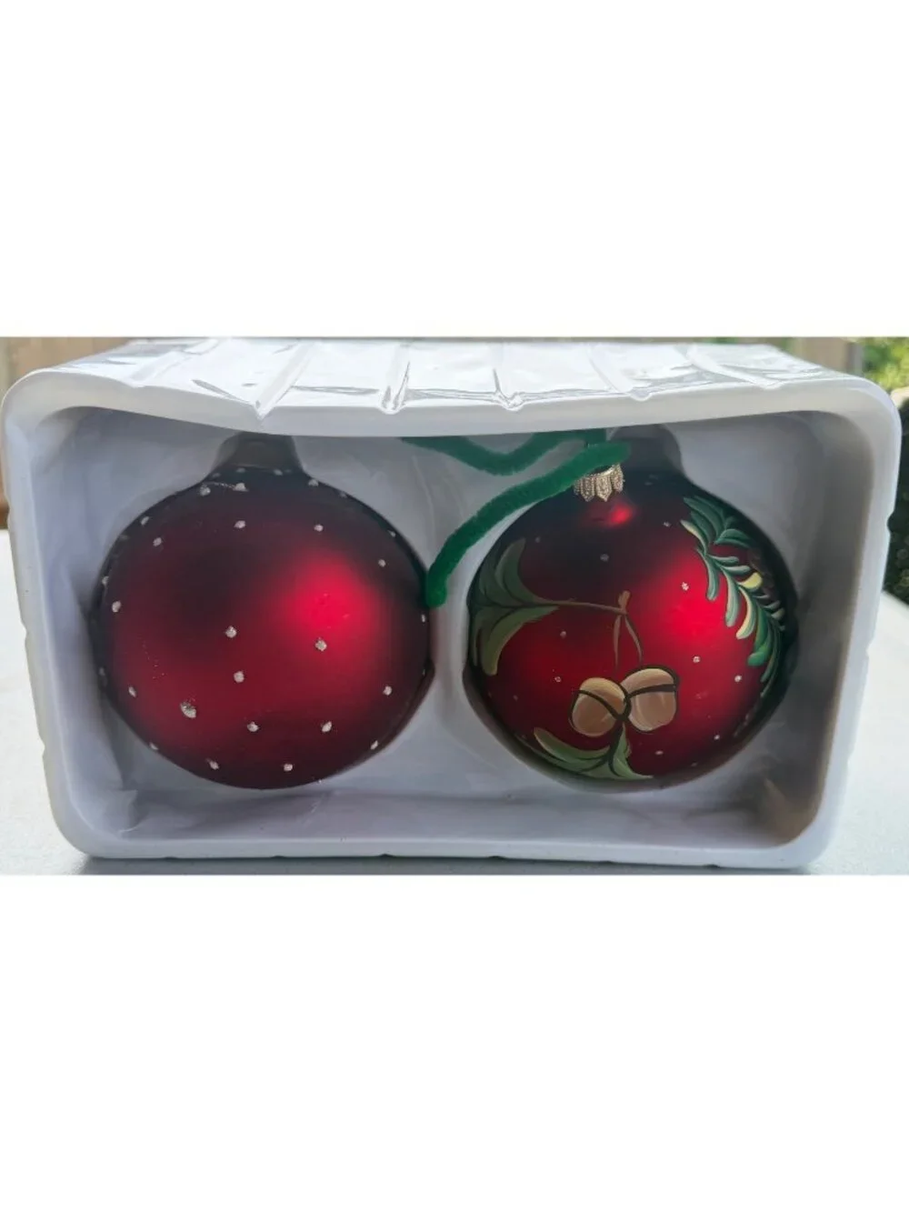Set 2 Dillard's Glass Hand-Painted Ball Ornaments Holly Leaves & Berries 4